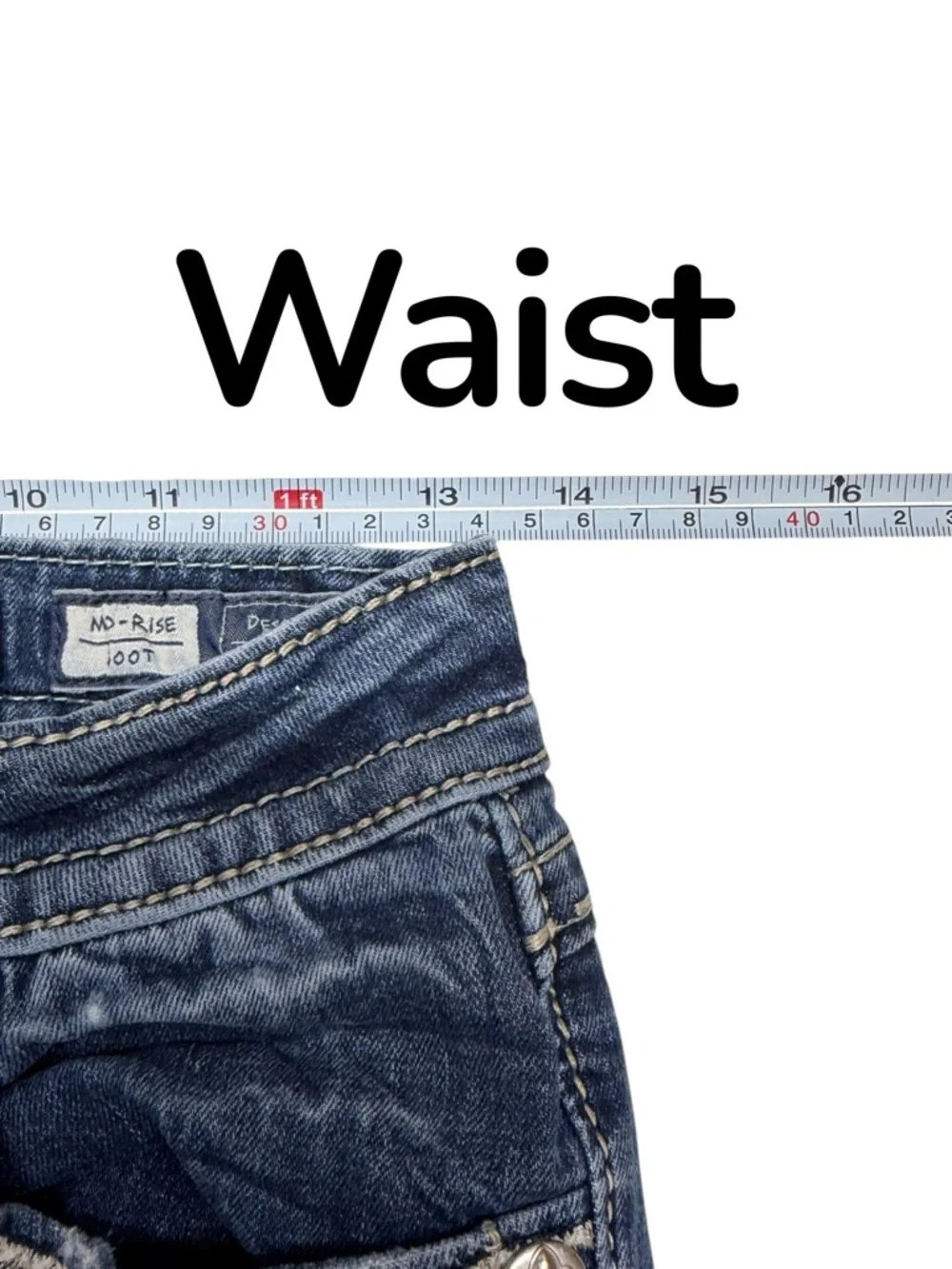 Miss Me Mid Rise Bootcut jeans embroidered metallic gold patch women’s 26 - Picture 10 of 16